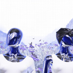 Unreal futuristic cyber virtual world with two robot cyborgs walking in nature